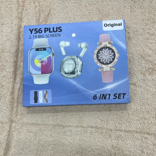 Y56 Plus Smartwatch 6 in 1 Set – Big 2.19 Inch Display, Earbuds, Analog Watch and Multi-Strap Combo