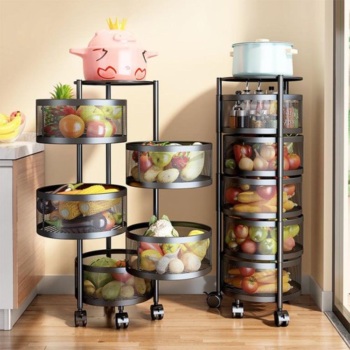 5 Layer Rotating Kitchen Rack – 360° Round Shape Storage Shelf with Wheels for Fruit and Vegetable Organizer