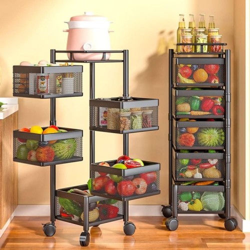 5 Layer Rotating Kitchen Rack – Square Shape Storage Shelf with Wheels for Fruit and Vegetable Organizer